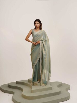 Metallic Grey Color Satin Saree