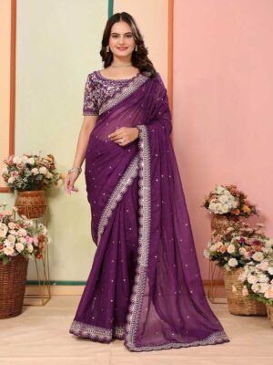 Wine Color Organza Saree