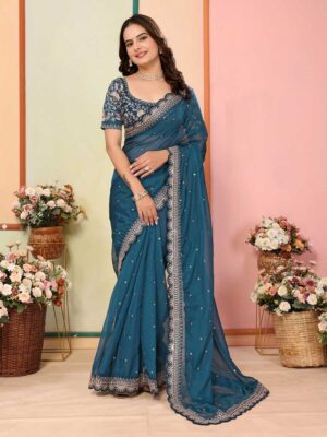 Teal Blue Color Organza Saree