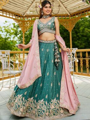 Teal   Color Chiffon Lehenga Choli