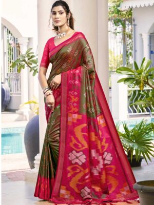 Olive Green Color Pochampalli Silk Saree