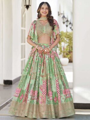 Green Color Chinon Silk Lehenga Choli