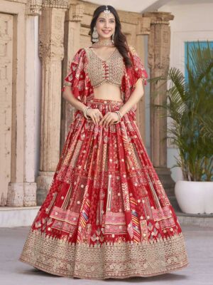 Red Color Chinon Silk Lehenga Choli