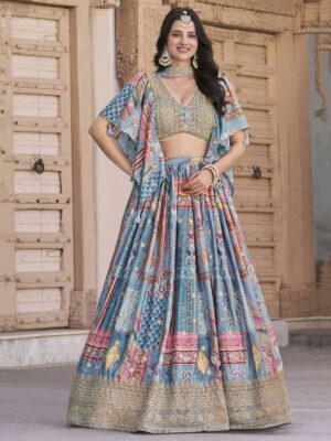 Sky Blue Color Chinon Silk Lehenga Choli