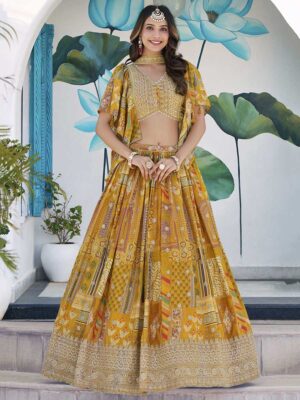 Yellow Color Chinon Silk Lehenga Choli