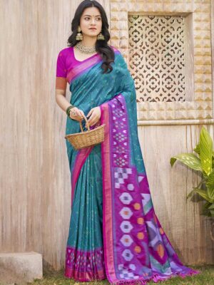 Teal Green Color Pochampalli Silk Saree