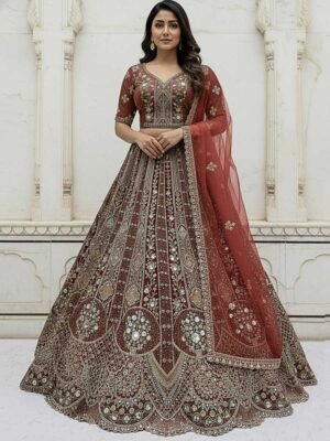 Cinnamon Red Color Organza Lehenga Choli