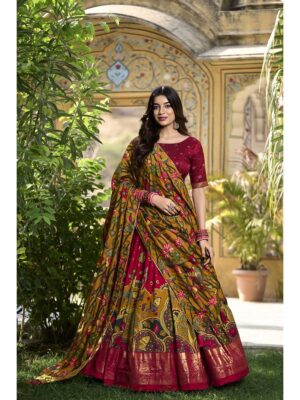 Red Color Tussar Silk Lehenga Choli