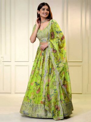 Parrot Green Color Organza Lehenga Choli