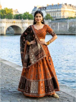 Rust Color Cotton Rayon Lehenga Choli