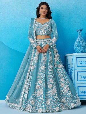 Sea Green Color Organza Lehenga Choli