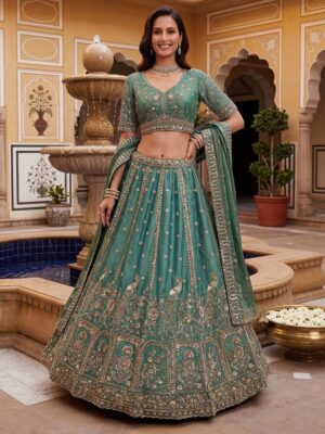 Dark Mint Color Fendy Orgenza Silk Lehenga Choli