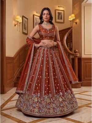 Orange Color Fendy Orgenza Silk Lehenga Choli