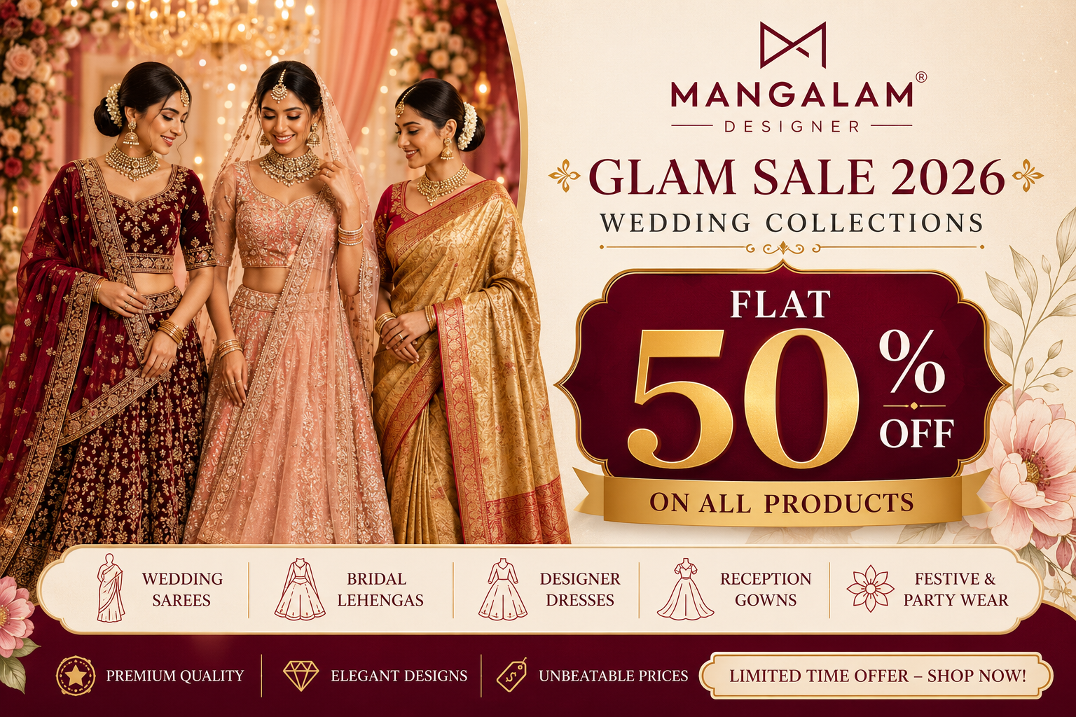 Flat 50% Off on Wedding Collections – Glam Sale 2026 at Mangalam Designer